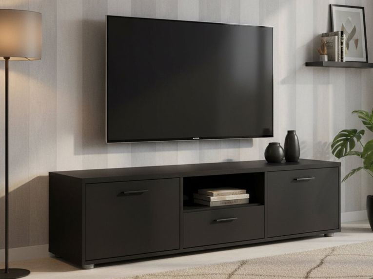 Porta TV nero 147x39x38h cm 2 ante e 1 cassetto - Charo