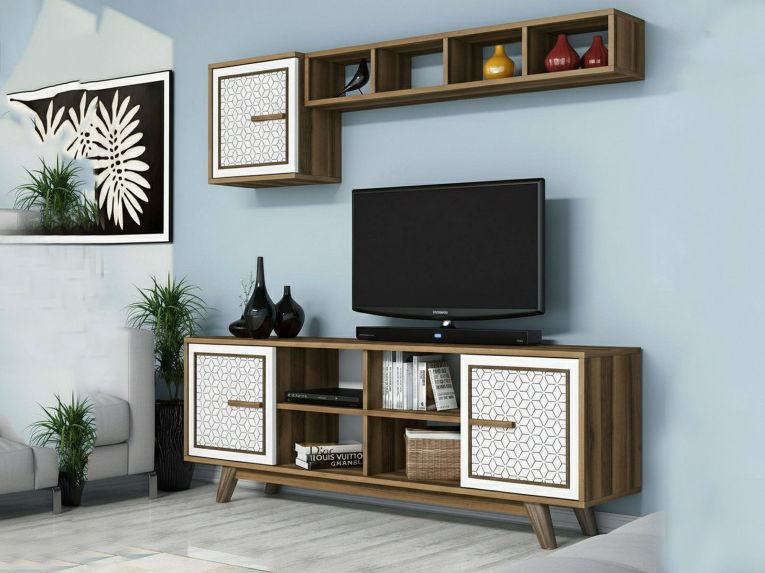 Porta TV noce e bianco 160x35x56h cm 3 ante - Guendalina