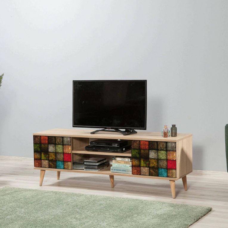 Porta TV quercia e multicolore 140x40x50h cm 2 ante - Enrica