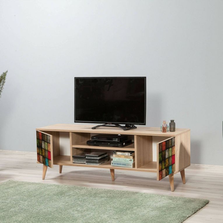 Porta TV quercia e multicolore 140x40x50h cm 2 ante - Enrica