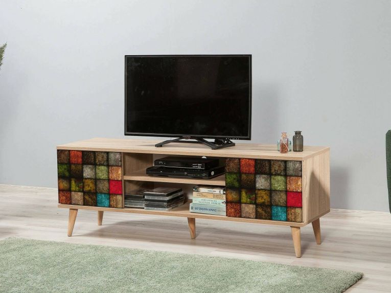 Porta TV quercia e multicolore 140x40x50h cm 2 ante - Enrica
