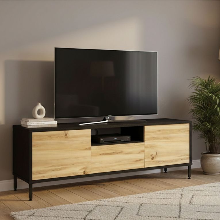 Porta TV quercia e nero 140x35x46h cm 3 ante - Khagan