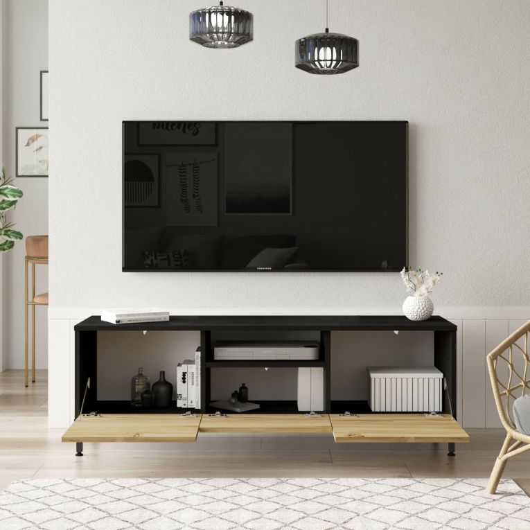 Porta TV quercia e nero 140x35x46h cm 3 ante - Khagan