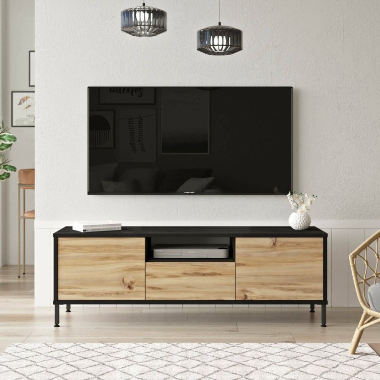 Porta TV quercia e nero 140x35x46h cm 3 ante - Khagan