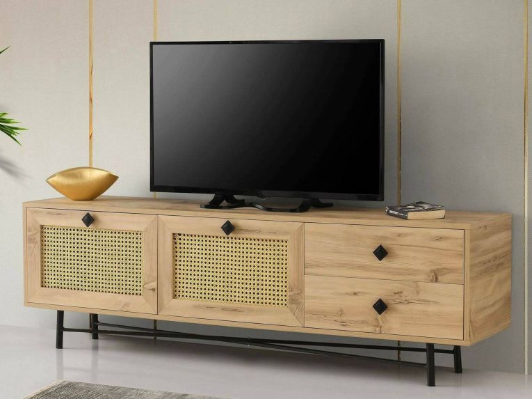 Porta TV quercia e nero 180x40x60h cm 2 ante e 2 cassetti - Apollinare
