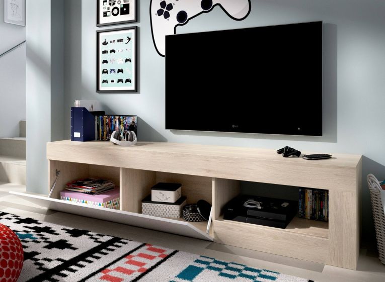 Porta TV rovere e bianco lucido 204x42x48h cm modulabile - Animeli