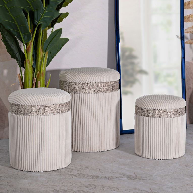 Pouf Contenitore Beige set da 3 Forma Rotondo 41x41x50h cm, Materiale Struttura in Tessuto - Ghanzi