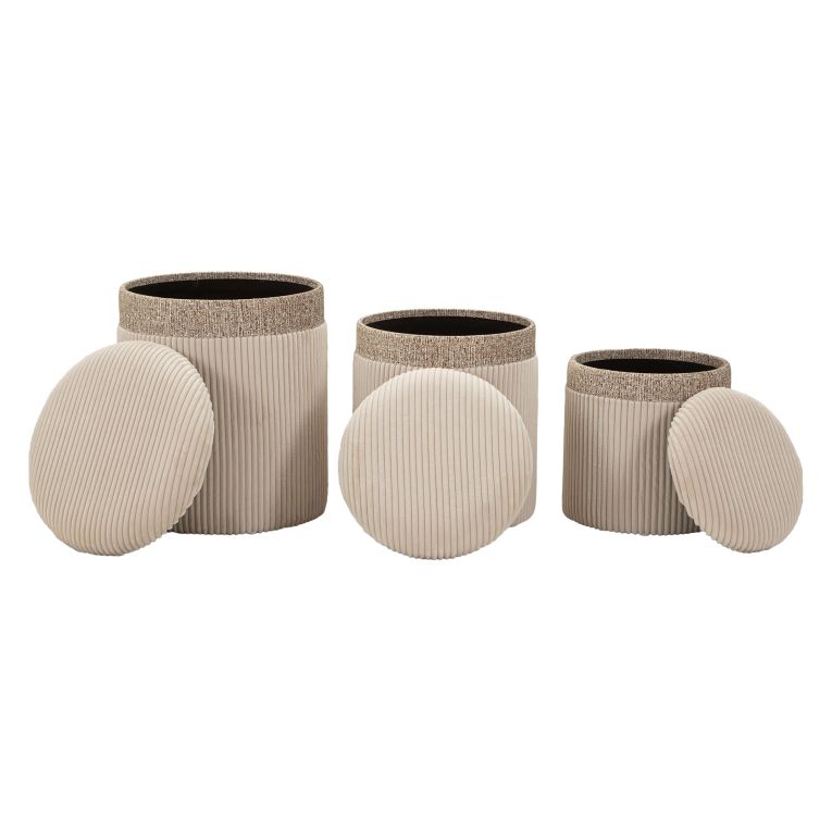 Pouf Contenitore Beige set da 3 Forma Rotondo 41x41x50h cm, Materiale Struttura in Tessuto - Ghanzi
