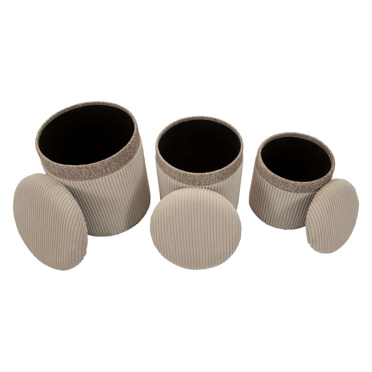 Pouf Contenitore Beige set da 3 Forma Rotondo 41x41x50h cm, Materiale Struttura in Tessuto - Ghanzi