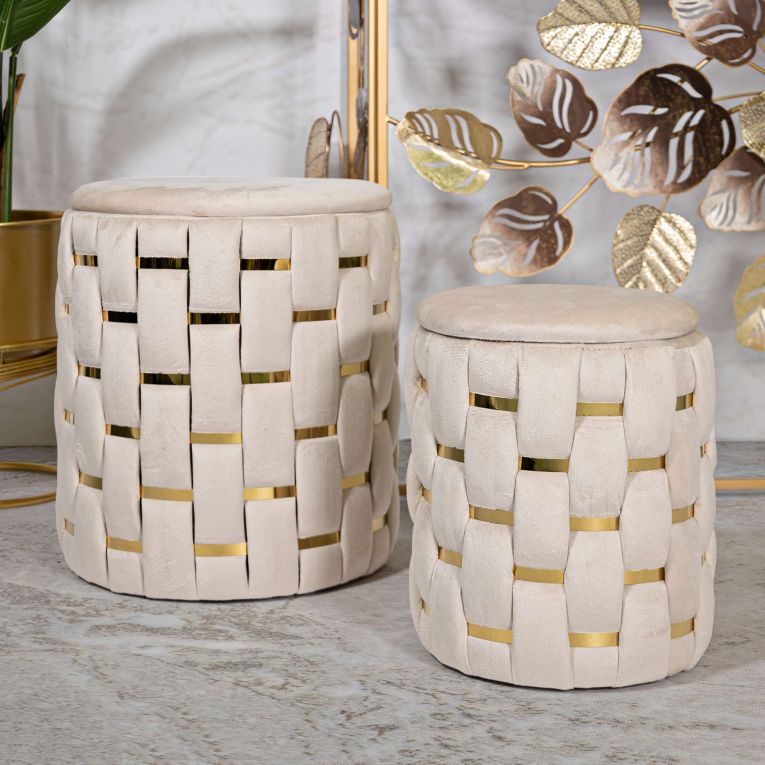 Pouf Contenitore Bianco Crema oro set da 2 Forma Rotondo 37x37x42h cm, Colore Struttura oro - Kasane
