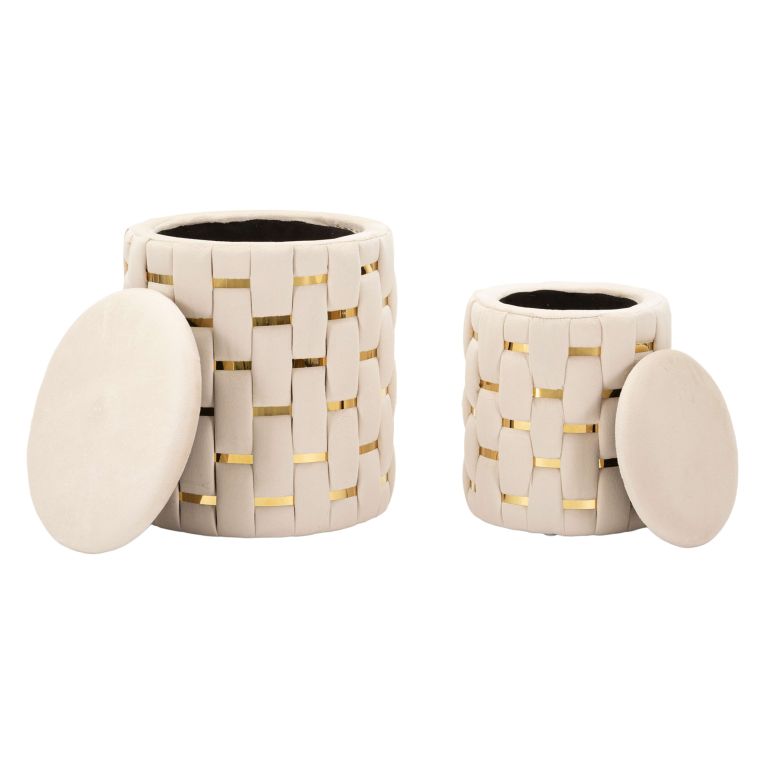 Pouf Contenitore Bianco Crema oro set da 2 Forma Rotondo 37x37x42h cm, Colore Struttura oro - Kasane