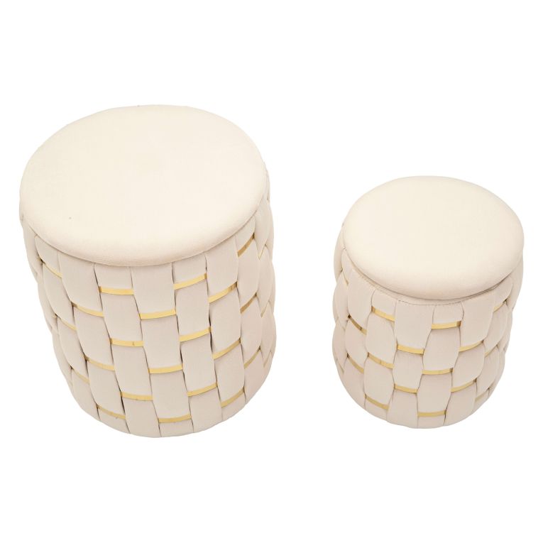Pouf Contenitore Bianco Crema oro set da 2 Forma Rotondo 37x37x42h cm, Colore Struttura oro - Kasane