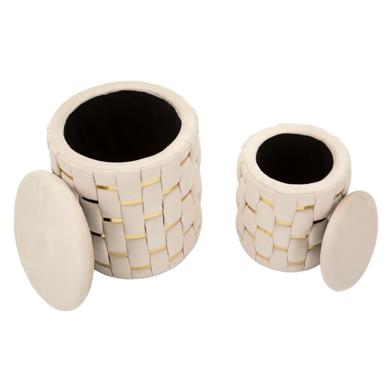 Pouf Contenitore Bianco Crema oro set da 2 Forma Rotondo 37x37x42h cm, Colore Struttura oro - Kasane