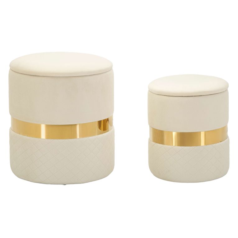 Pouf Contenitore Bianco Crema oro set da 2 Forma Rotondo 37x37x42h cm, Colore Struttura oro - Maun