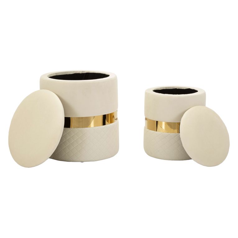 Pouf Contenitore Bianco Crema oro set da 2 Forma Rotondo 37x37x42h cm, Colore Struttura oro - Maun