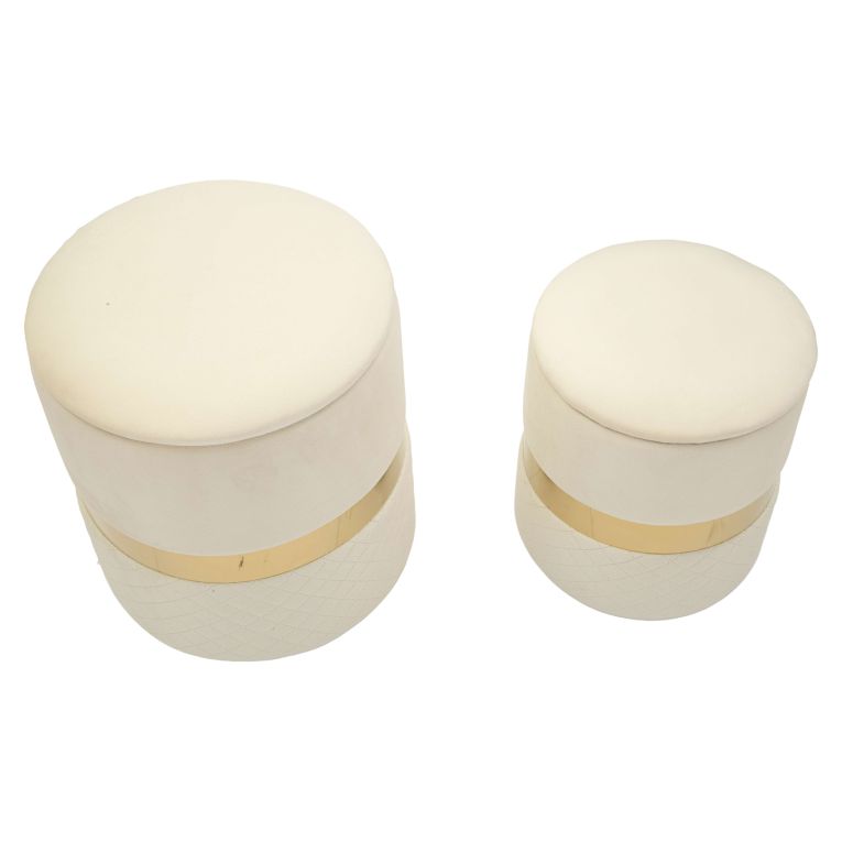 Pouf Contenitore Bianco Crema oro set da 2 Forma Rotondo 37x37x42h cm, Colore Struttura oro - Maun