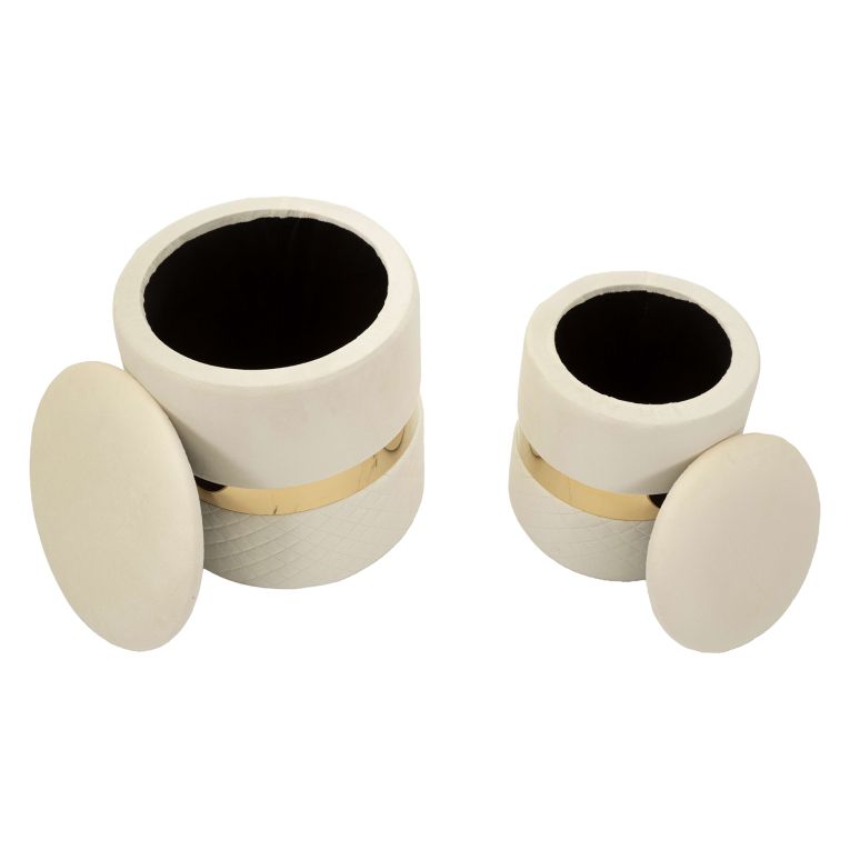Pouf Contenitore Bianco Crema oro set da 2 Forma Rotondo 37x37x42h cm, Colore Struttura oro - Maun