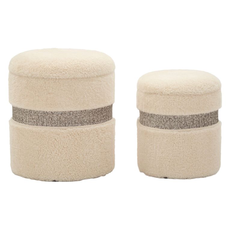 Pouf Contenitore Bianco Crema set da 2 Forma Rotondo 40x40x47h cm, Materiale Struttura in Tessuto - Luder