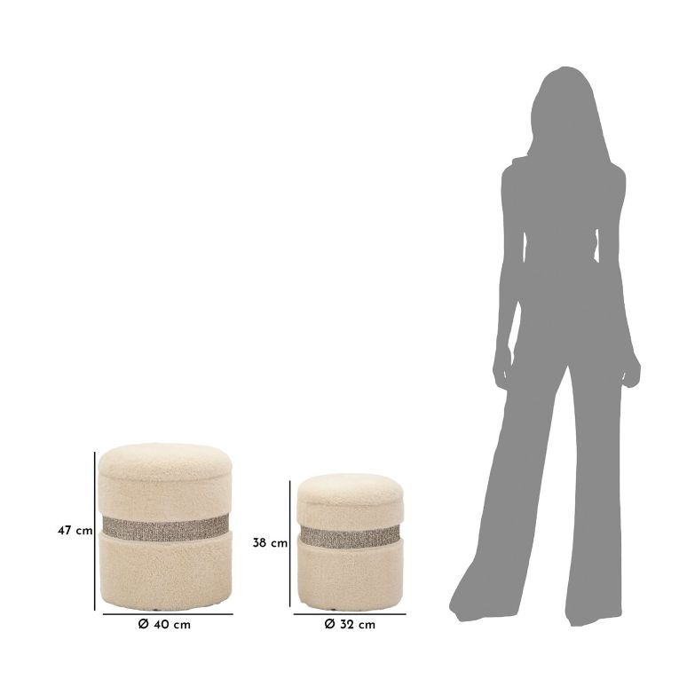 Pouf Contenitore Bianco Crema set da 2 Forma Rotondo 40x40x47h cm, Materiale Struttura in Tessuto - Luder