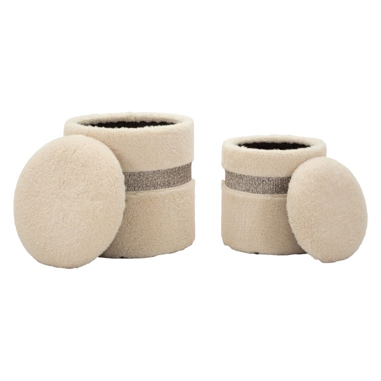 Pouf Contenitore Bianco Crema set da 2 Forma Rotondo 40x40x47h cm, Materiale Struttura in Tessuto - Luder