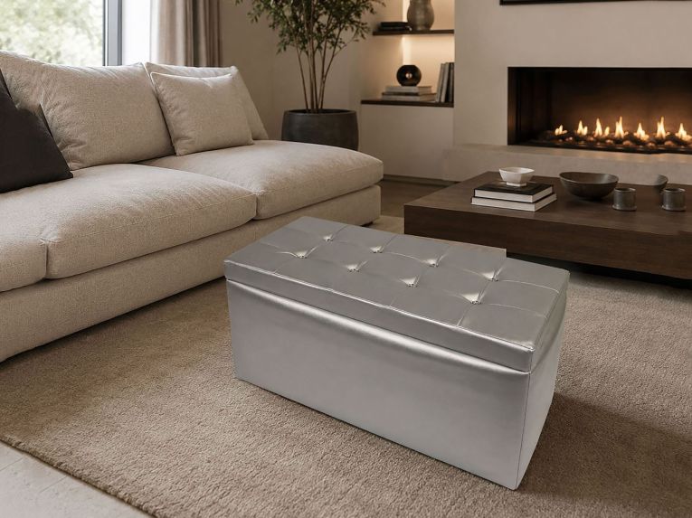 Pouf contenitore imbottito in ecopelle 90x45x45h cm argento - Felicita