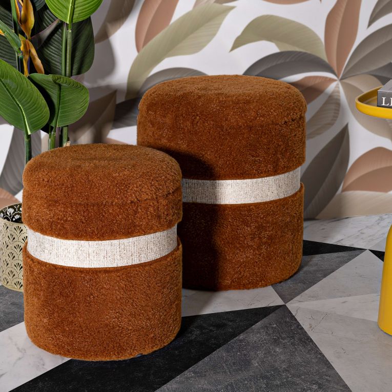 Pouf Contenitore Marrone Terracotta Beige set da 2 Forma Rotondo 40x40x47h cm, Colore Struttura Beige - Luder