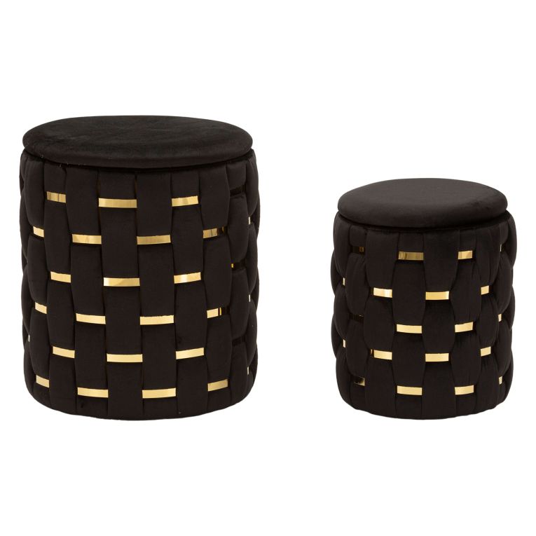 Pouf Contenitore Nero oro set da 2 Forma Rotondo 37x37x42h cm, Colore Struttura oro - Kasane