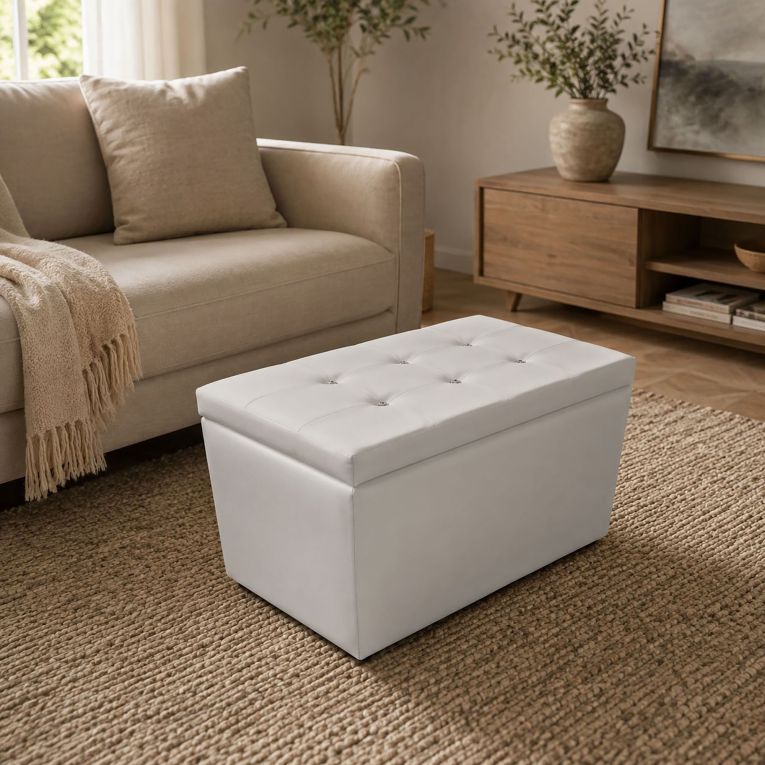 Pouf contenitore rettangolare in ecopelle 90x45x45h cm bianco - Felicita