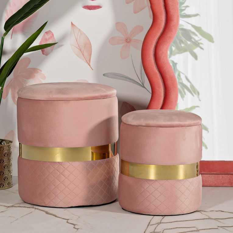 Pouf Contenitore Rosa oro set da 2 Forma Rotondo 37x37x42h cm, Colore Struttura oro - Maun
