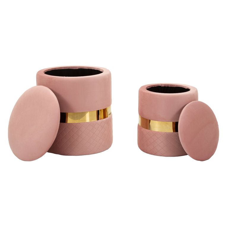 Pouf Contenitore Rosa oro set da 2 Forma Rotondo 37x37x42h cm, Colore Struttura oro - Maun