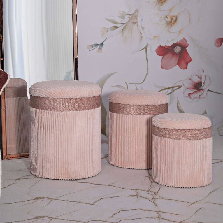 Pouf Contenitore Rosa set da 3 Forma Rotondo 41x41x50h cm, Materiale Struttura in Legno Nobilitato - Ghanzi