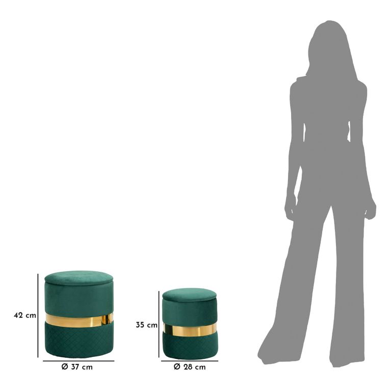 Pouf Contenitore Verde oro set da 2 Forma Rotondo 37x37x42h cm, Colore Struttura oro - Maun