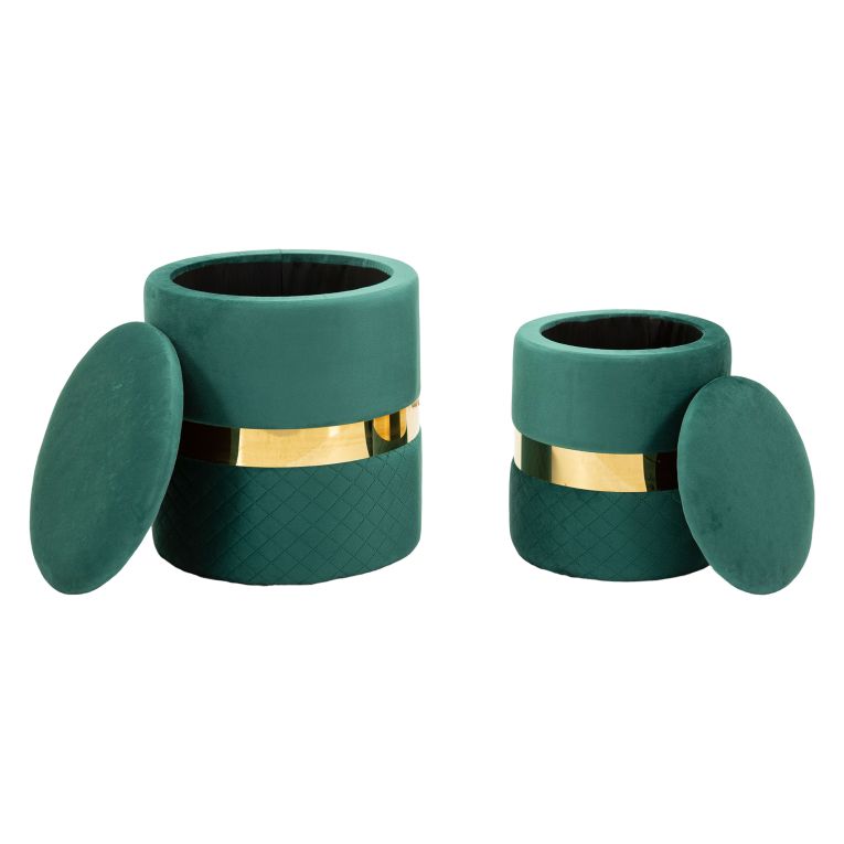 Pouf Contenitore Verde oro set da 2 Forma Rotondo 37x37x42h cm, Colore Struttura oro - Maun