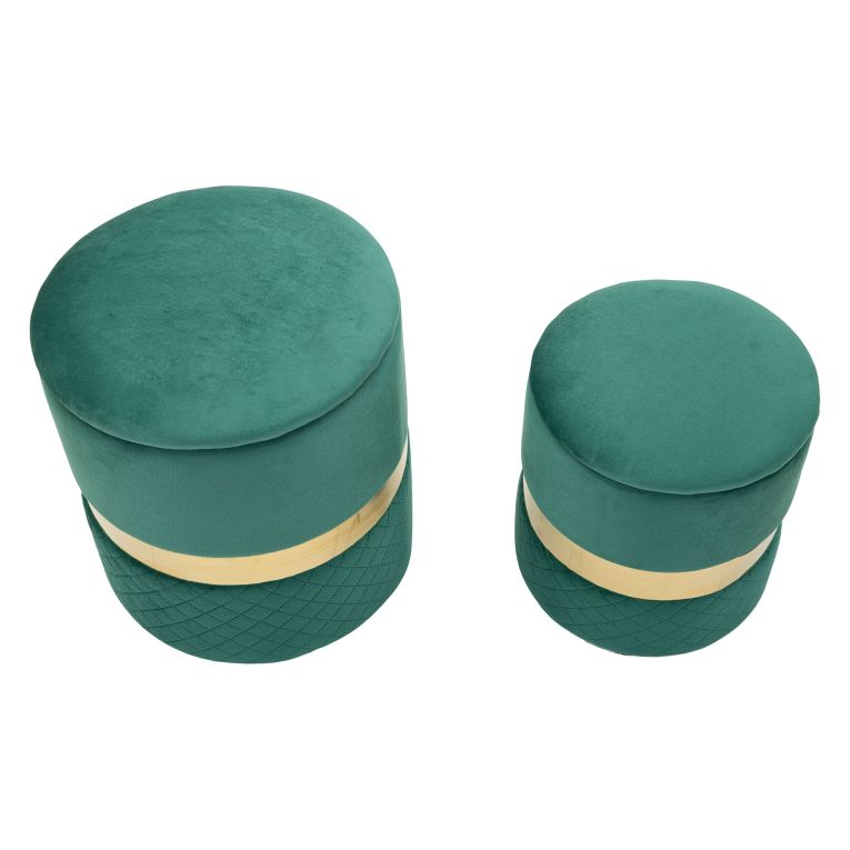 Pouf Contenitore Verde oro set da 2 Forma Rotondo 37x37x42h cm, Colore Struttura oro - Maun
