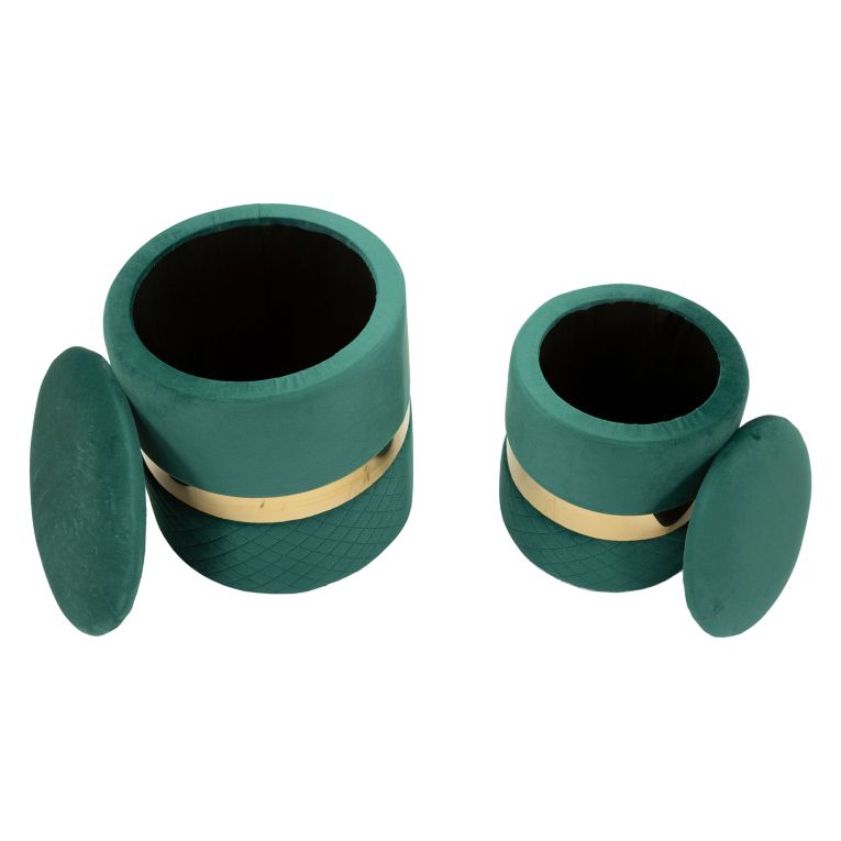 Pouf Contenitore Verde oro set da 2 Forma Rotondo 37x37x42h cm, Colore Struttura oro - Maun