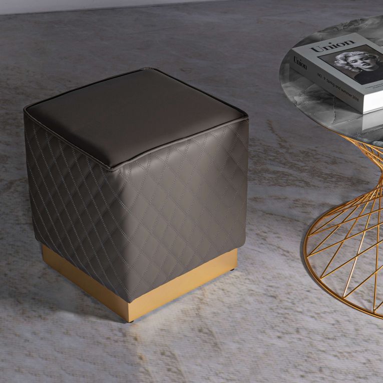 Pouf Grigio Tortora oro Rivestimento Trapuntato in Ecopelle Forma Quadrato 38x38x38h cm, Colore Struttura oro - Daseloba