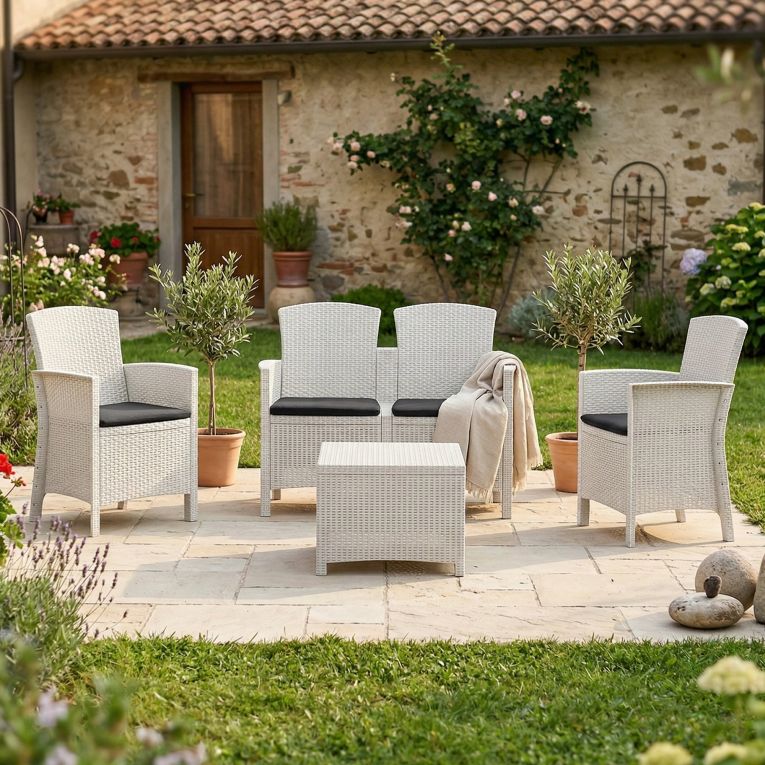 Salotto da esterno 4 poltrone e 1 divano con tavolino contenitore bianco - Asiak