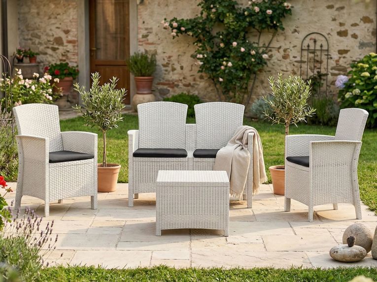 Salotto da esterno 4 poltrone e 1 divano con tavolino contenitore bianco - Asiak