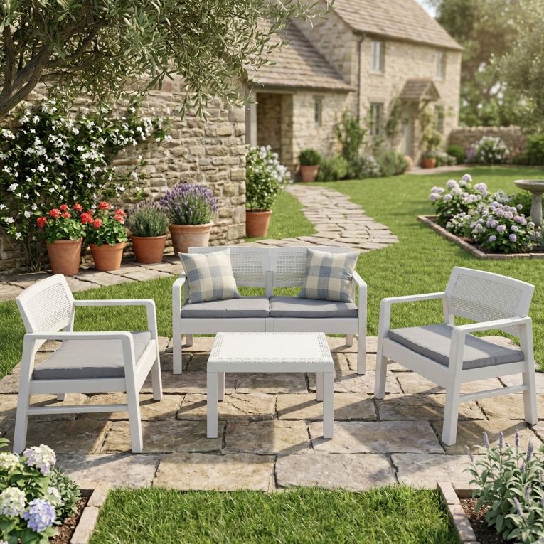 Salotto da esterno 4 posti e 1 tavolo effetto rattan bianco - Agnelo