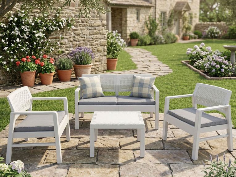 Salotto da esterno 4 posti e 1 tavolo effetto rattan bianco - Agnelo