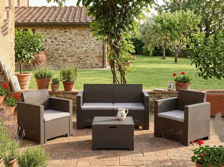 Salotto da esterno poltrone effetto rattan tortora - Gazania