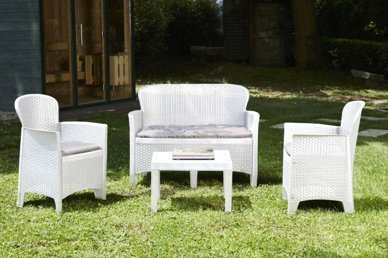 Salotto da giardino 1 divano 2 poltrone e tavolino bianco - Alesandro