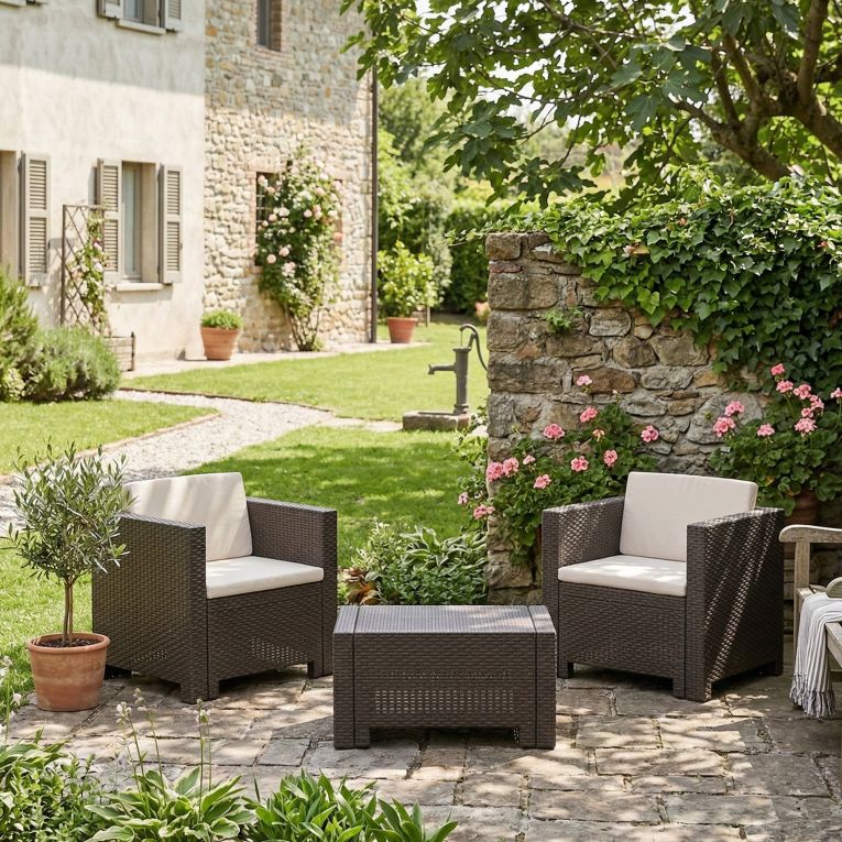 Salotto da giardino 2 posti e 1 tavolo effetto rattan marrone - Camini