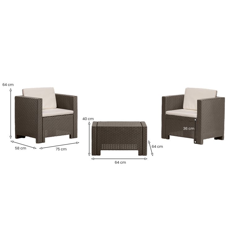 Salotto da giardino 2 posti e 1 tavolo effetto rattan marrone - Camini