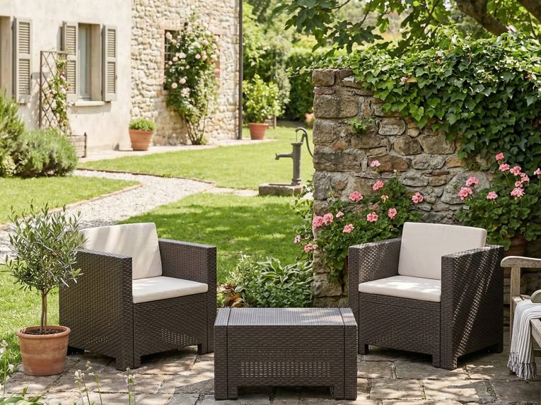 Salotto da giardino 2 posti e 1 tavolo effetto rattan marrone - Camini
