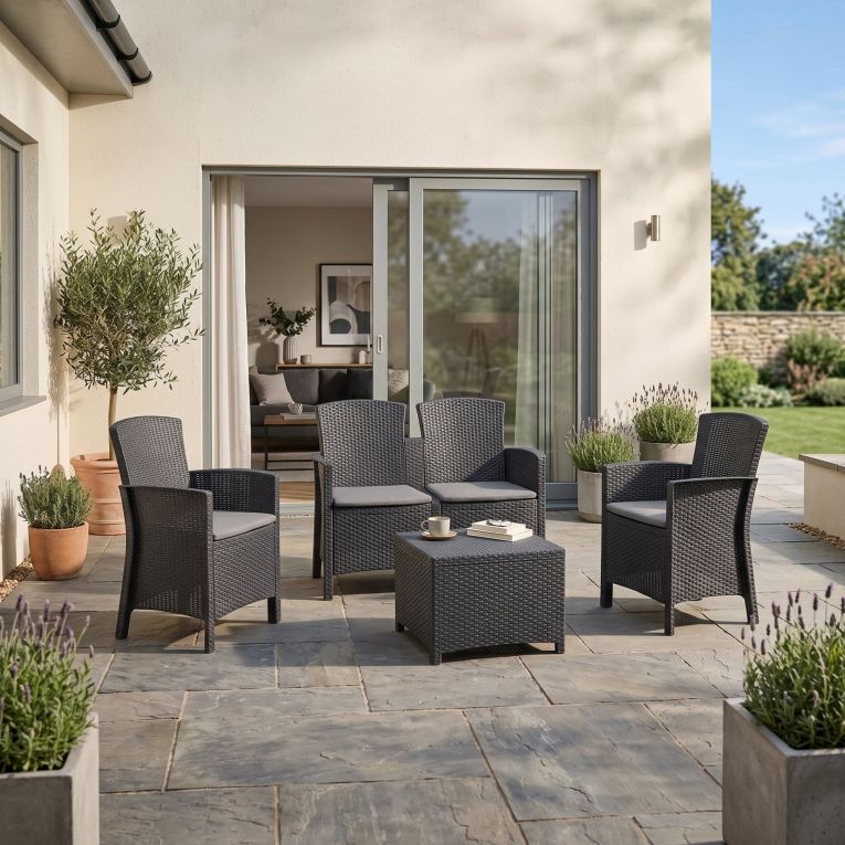 Salotto da giardino 4 posti e 1 tavolo effetto rattan antracite - Asiak