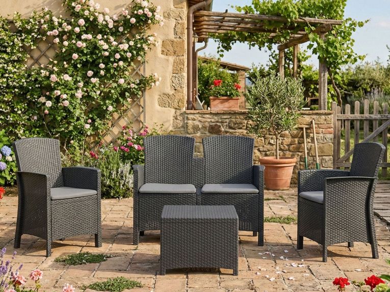 Salotto da giardino 4 posti e 1 tavolo effetto rattan antracite - Asiak