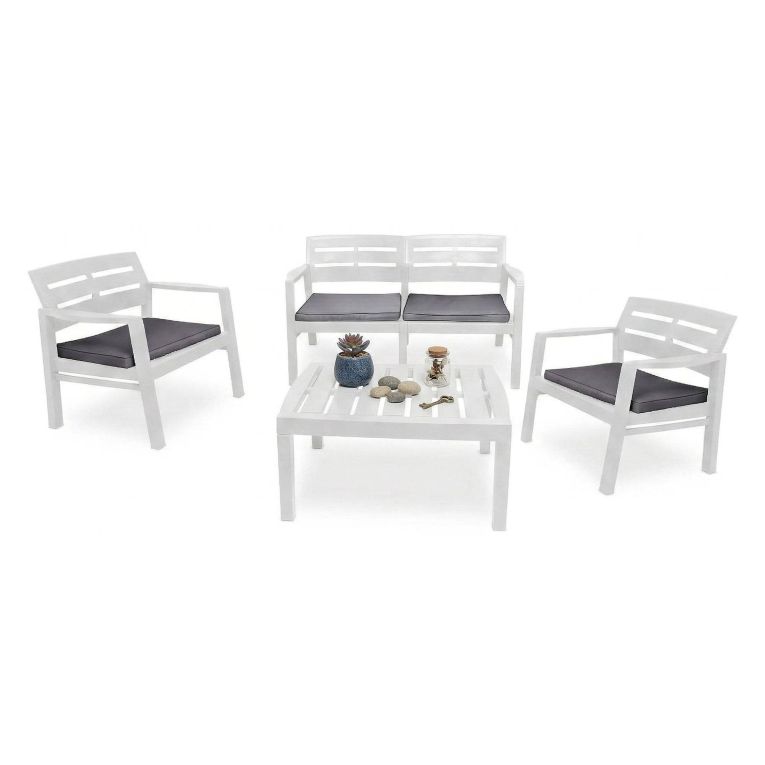 Salotto da giardino panche e tavolo effetto doghe bianco - Arti