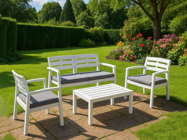 Salotto da giardino panche e tavolo effetto doghe bianco - Arti