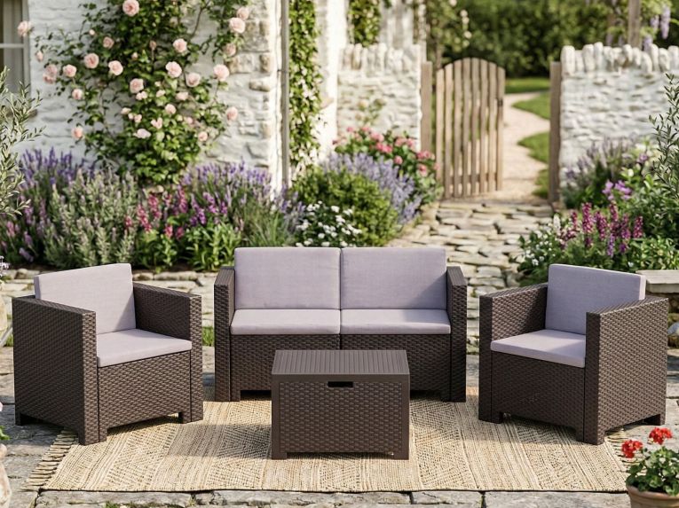 Salotto da giardino poltrone e divano effetto rattan marrone - Camisano